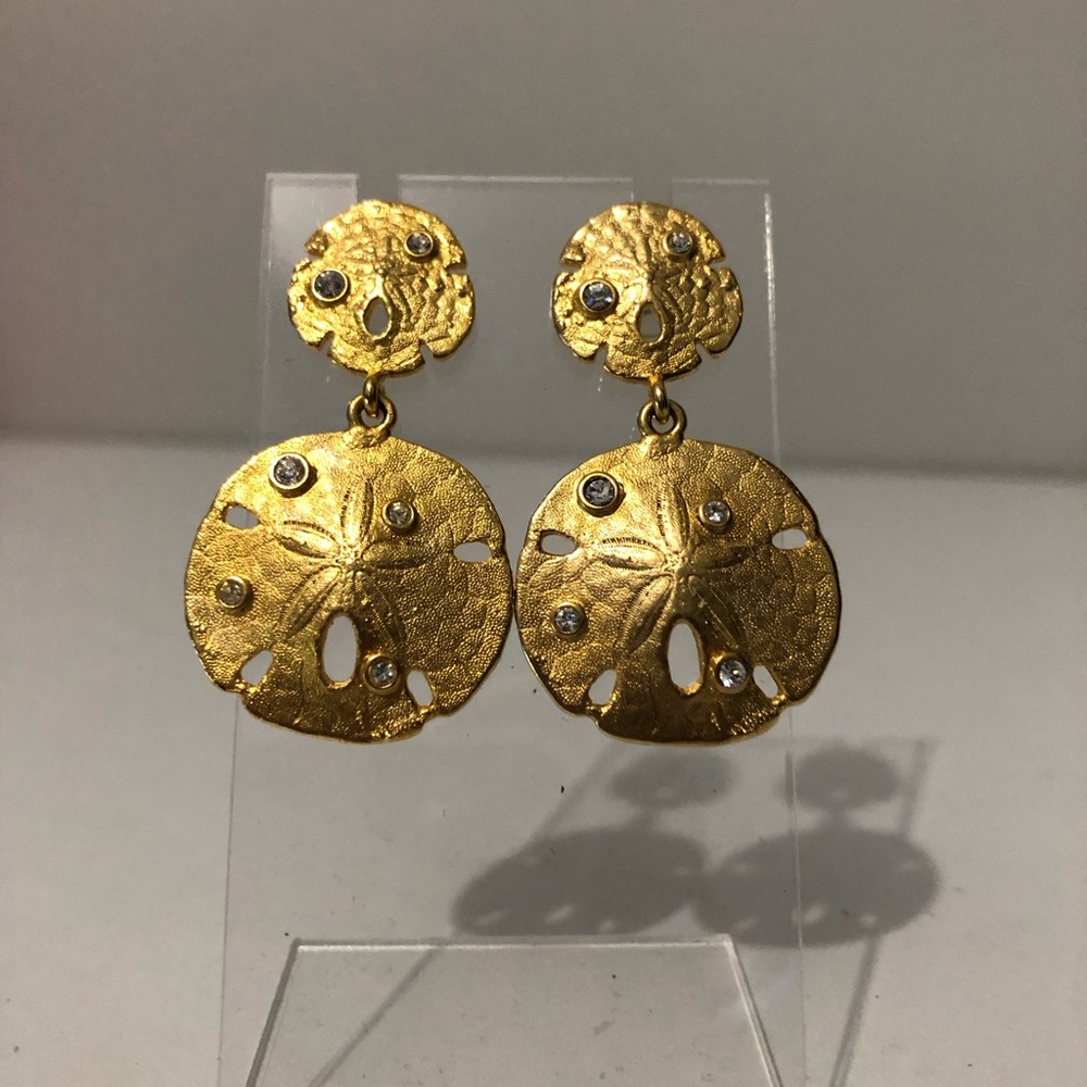Vintage Erwin Pearl Brushed Gold Sand Dollar Drop Dangle Earrings Crystal Accent